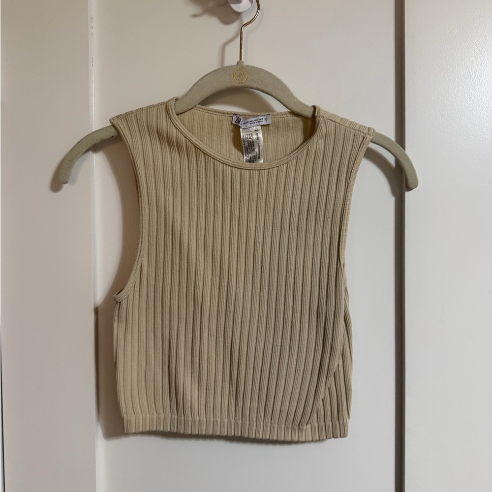 Zara Ribbed Sleeveless Crop Top in Beige
